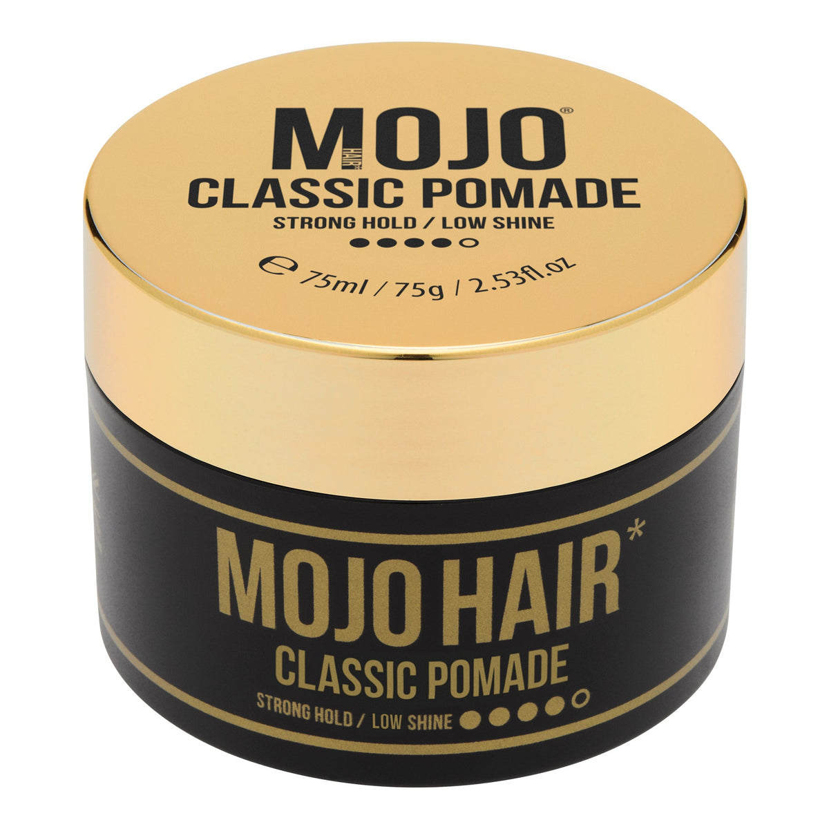 MOJO Hair Classic Pomade 75ml - strong hold, low shine, gold lid and black tub