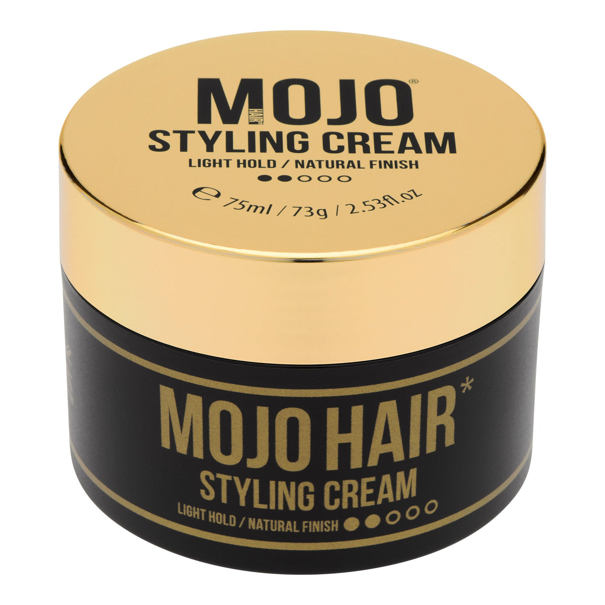 MOJO Hair Styling Cream 75ml - light hold, natural finish, gold lid and black tub