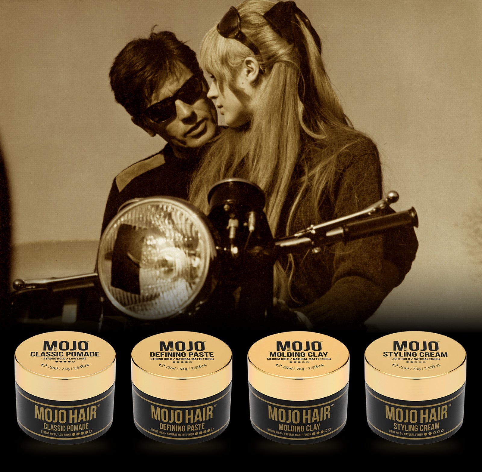 A 1960s couple on a motorbike, with the four MOJO Hair styling jars - Classic Pomade, Defining Paste, Molding Clay and Styling Cream