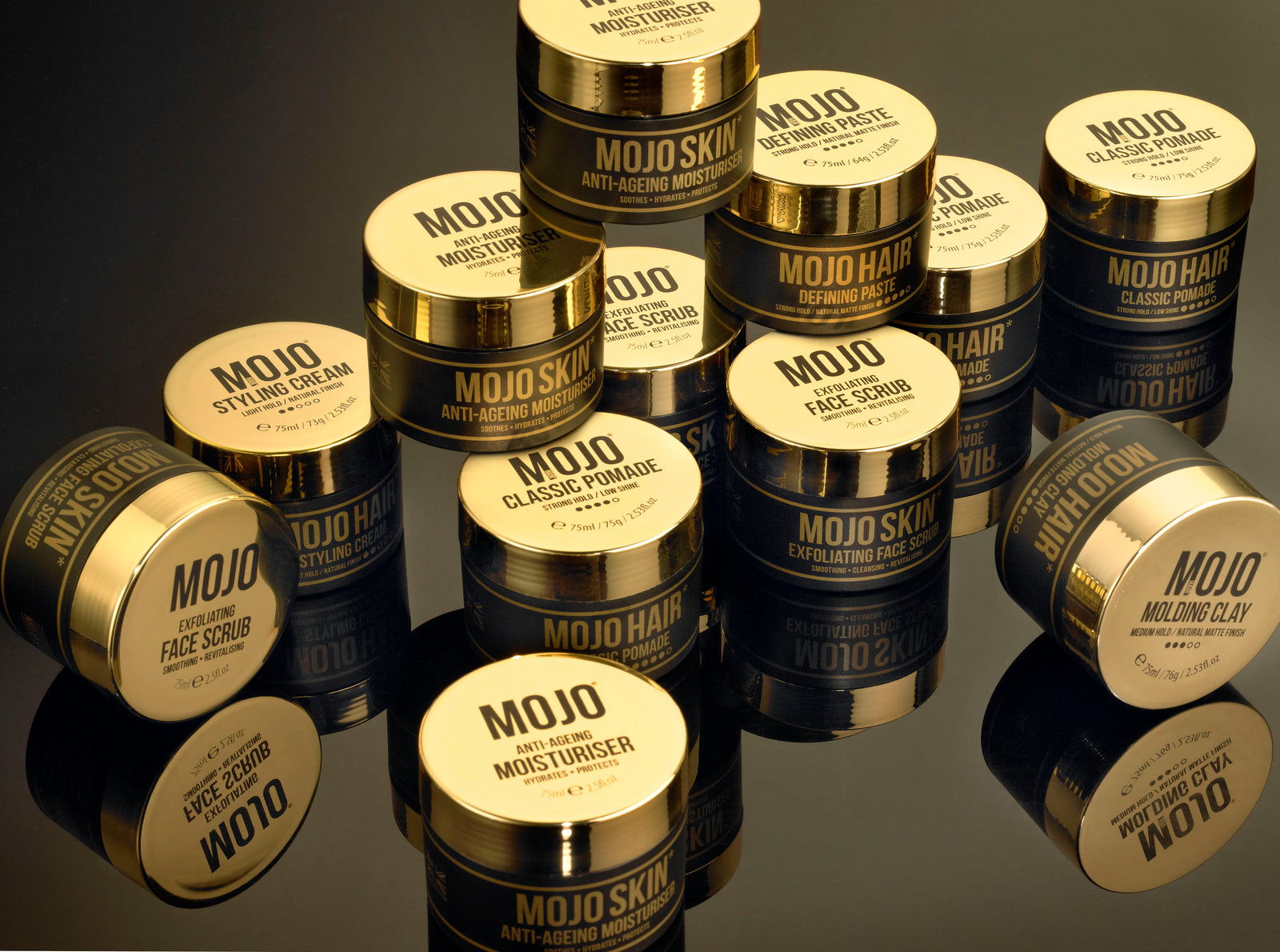 The MOJO Hair and MOJO Skin range of gold and black jars
