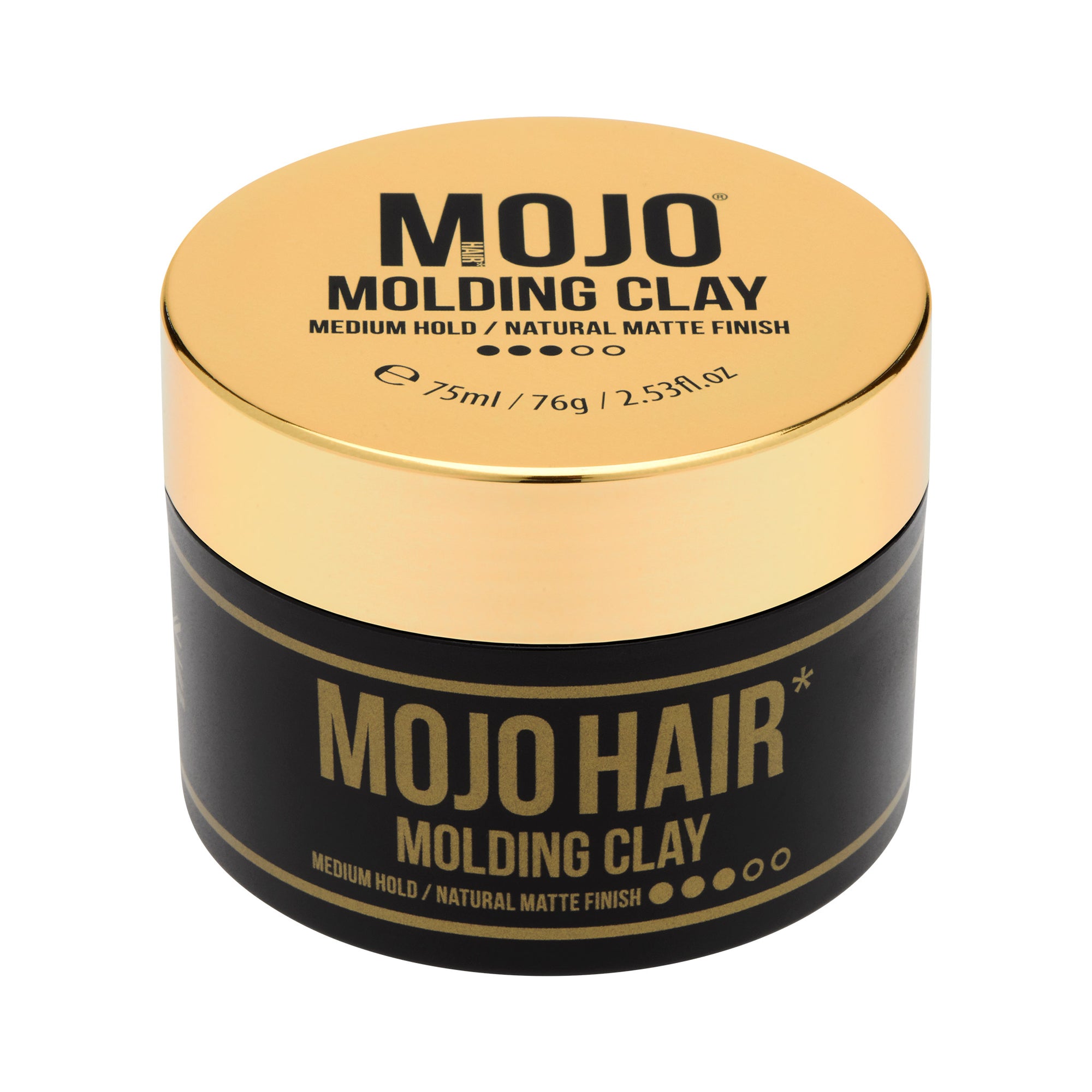 Mojo Hair Molding Clay (75ml) Full pack shot photographic image features stylish gold lid and and black tub with retro twist design and key product benefits MOJO Hair Molding clay medium hold/Natural matte Finish 75ml/76g/2.53 fl.oz image on white back ground