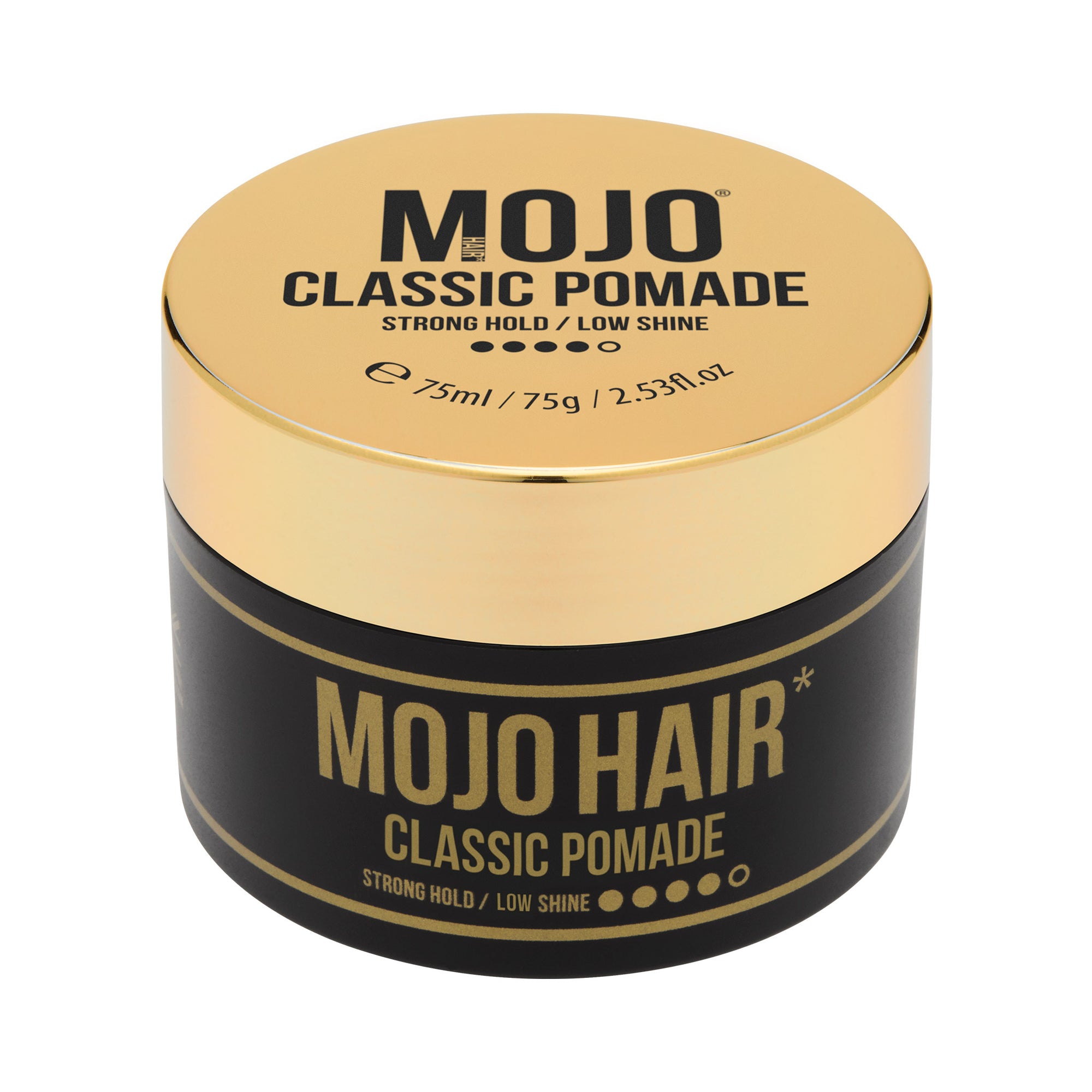 Mojo Hair Classic Pomade full pack shot photograph of black and gold tub with lid on features our best selling product benefits Strong Hold /Low Shine water based pomade 75ml features styling retro twist deign luxury fragrance Washes out with ease great hairstyling product for men and women  (75ml / 75g / 2.53fl.oz)