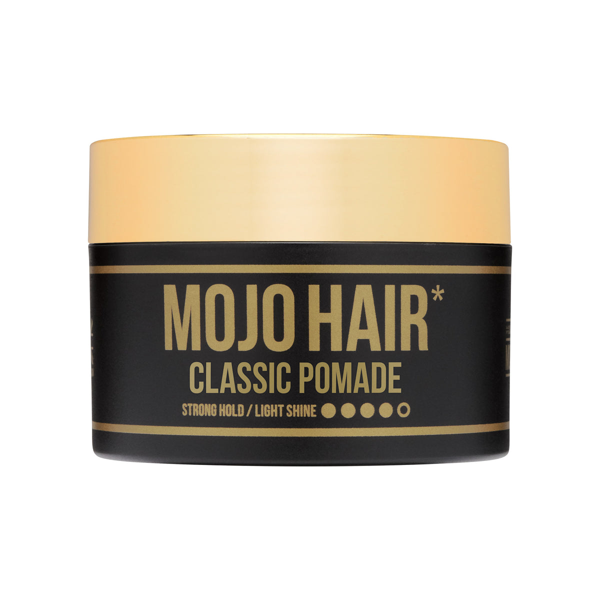 Mojo Hair Classic Pomade (75ml / 75g / 2.53fl.oz) side view of product featuring gold lid, then copy on side of pack printed gold out of black which reads MOJO Hair (Logo) Classic Pomade,Strong Hold /Light Shine with 4 out of 5 gold dots to illustrate hold factor,all featured on a white background