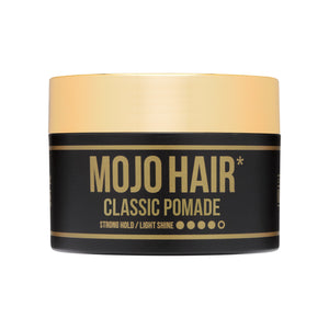 Mojo Hair Classic Pomade (75ml / 75g / 2.53fl.oz) side  view of product featuring gold lid, then copy on side of pack printed gold out of black which reads MOJO Hair (Logo) Classic Pomade,Strong Hold /Light Shine with 4 out of 5 gold dots to illustrate hold factor,all featured on a white background
