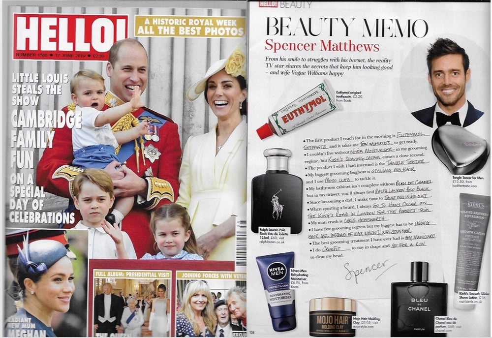 Hello Magazine with Prince William,Kate and George their Children,opposite page features Spencer Matthews with his favourite grooming products including MOJO Hair Styling Cream 