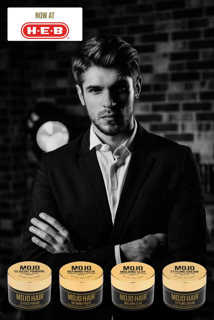 MOJO Hair - four jars with the man in a dark suit, now at H-E-B