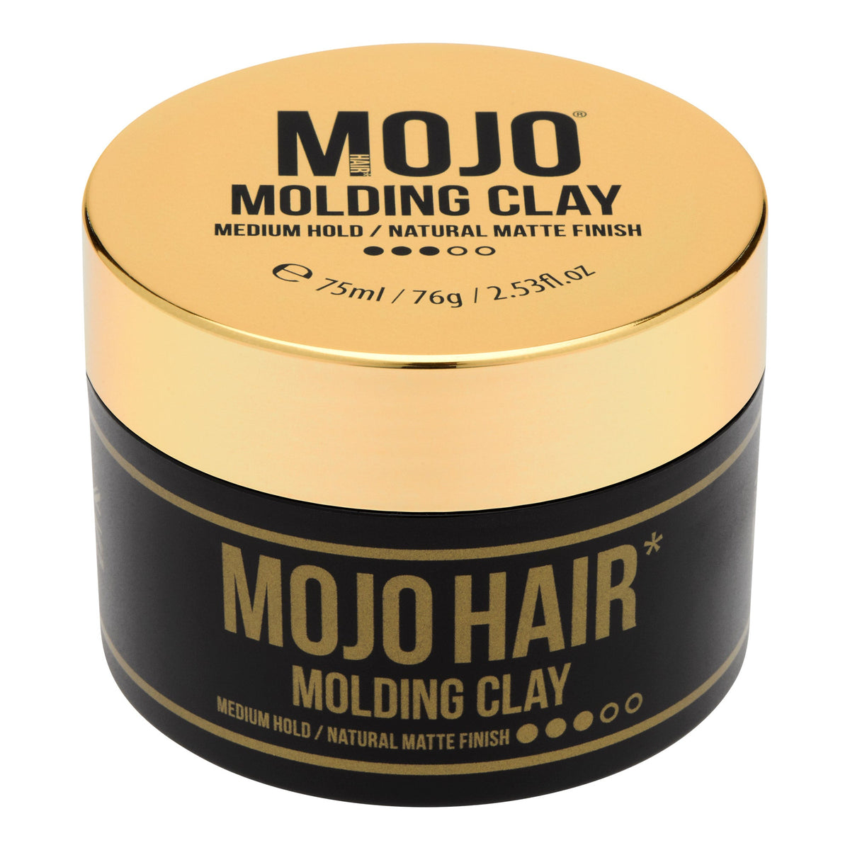 MOJO Hair Molding Clay 75ml - medium hold, natural matte finish, gold lid and black tub