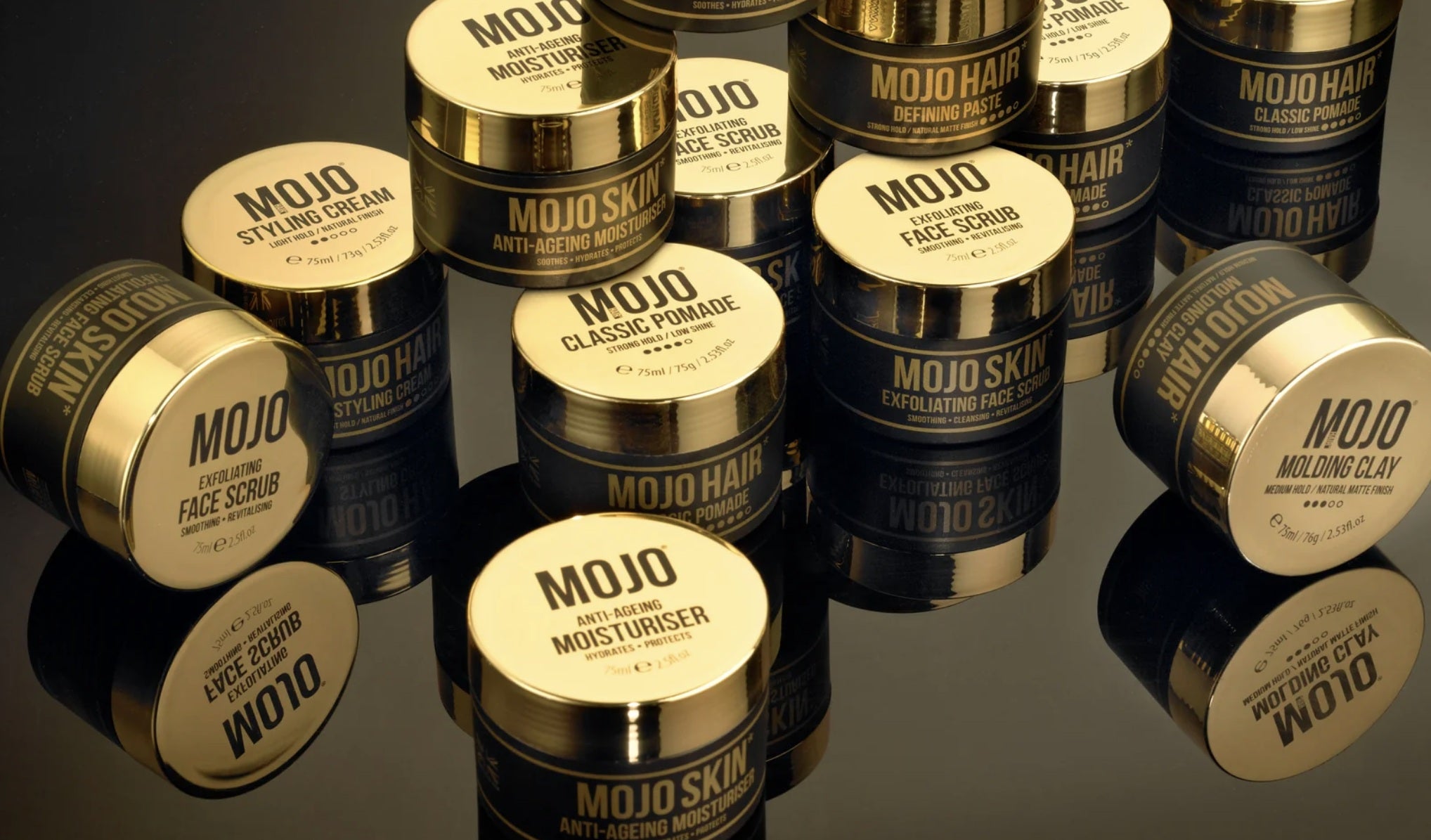 The MOJO range: gold-lidded jars of MOJO Hair Classic Pomade, Defining Paste, Molding Clay and Styling Cream, with MOJO Skin