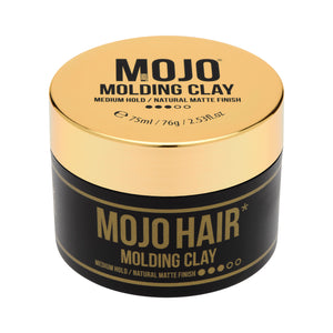 Mojo Hair Molding Clay (75ml) Full pack shot photographic image features stylish gold lid and and black tub with retro twist design and key product benefits MOJO Hair Molding clay medium hold/Natural matte Finish 75ml/76g/2.53 fl.oz image on white back ground