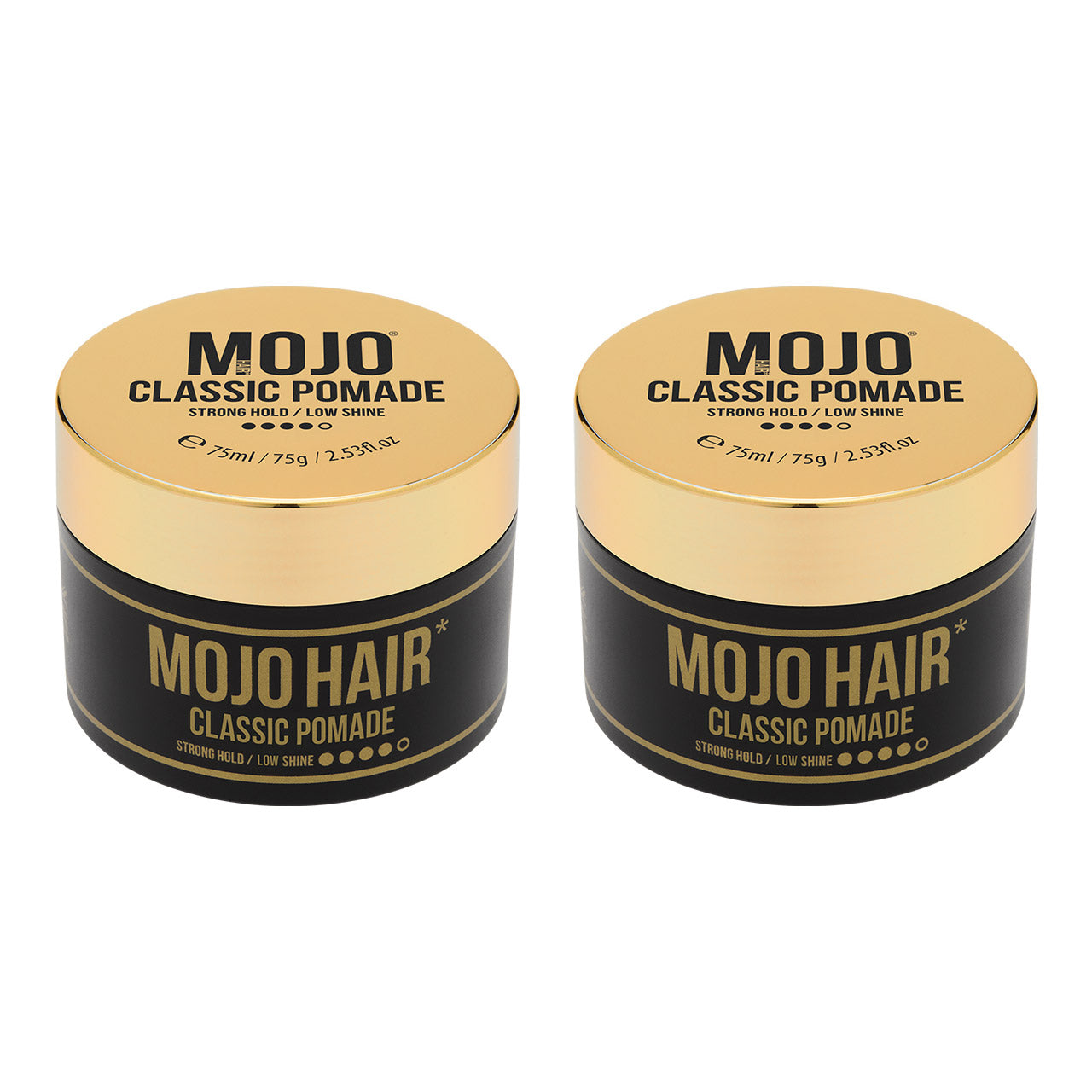 Mojo Hair Classic Pomade (75ml / 75g / 2.53fl.oz) x 2 pack Gold lid and black tub featuring styling retro twist copy design highlighting product benefits Strong hold - low shine