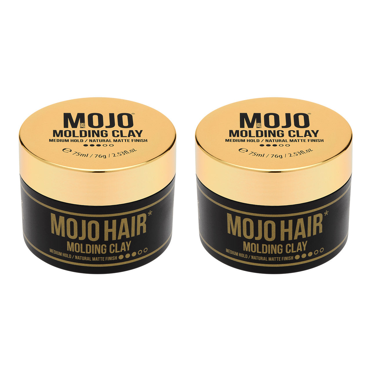 Mojo Hair Molding Clay (75ml) x 2 Packs of Mojo Hair Molding Clay (75ml) Full pack shot photographic image features stylish gold lid and and black tub with retro twist design and key product benefits MOJO Hair Molding clay medium hold/Natural matte Finish 75ml/76g/2.53 fl.oz image on white back ground
