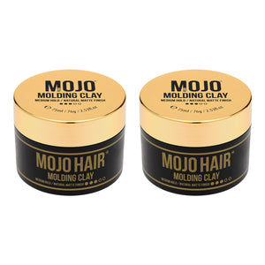 Mojo Hair Molding Clay (75ml) x 2 Packs of Mojo Hair Molding Clay (75ml) Full pack shot photographic image features stylish gold lid and and black tub with retro twist design and key product benefits MOJO Hair Molding clay medium hold/Natural matte Finish 75ml/76g/2.53 fl.oz image on white back ground