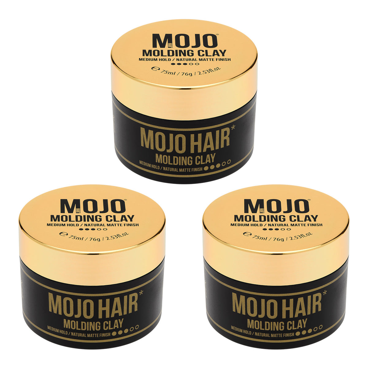 Mojo Hair Molding Clay (75ml) x 3 Pack pack shot photographic image features stylish gold lid and and black tub with retro twist design and key product benefits MOJO Hair Molding clay medium hold/Natural matte Finish 75ml/76g/2.53 fl.oz image on white back ground