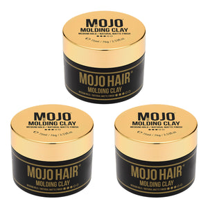 Mojo Hair Molding Clay (75ml) x 3 Pack pack shot photographic image features stylish gold lid and and black tub with retro twist design and key product benefits MOJO Hair Molding clay medium hold/Natural matte Finish 75ml/76g/2.53 fl.oz image on white back ground